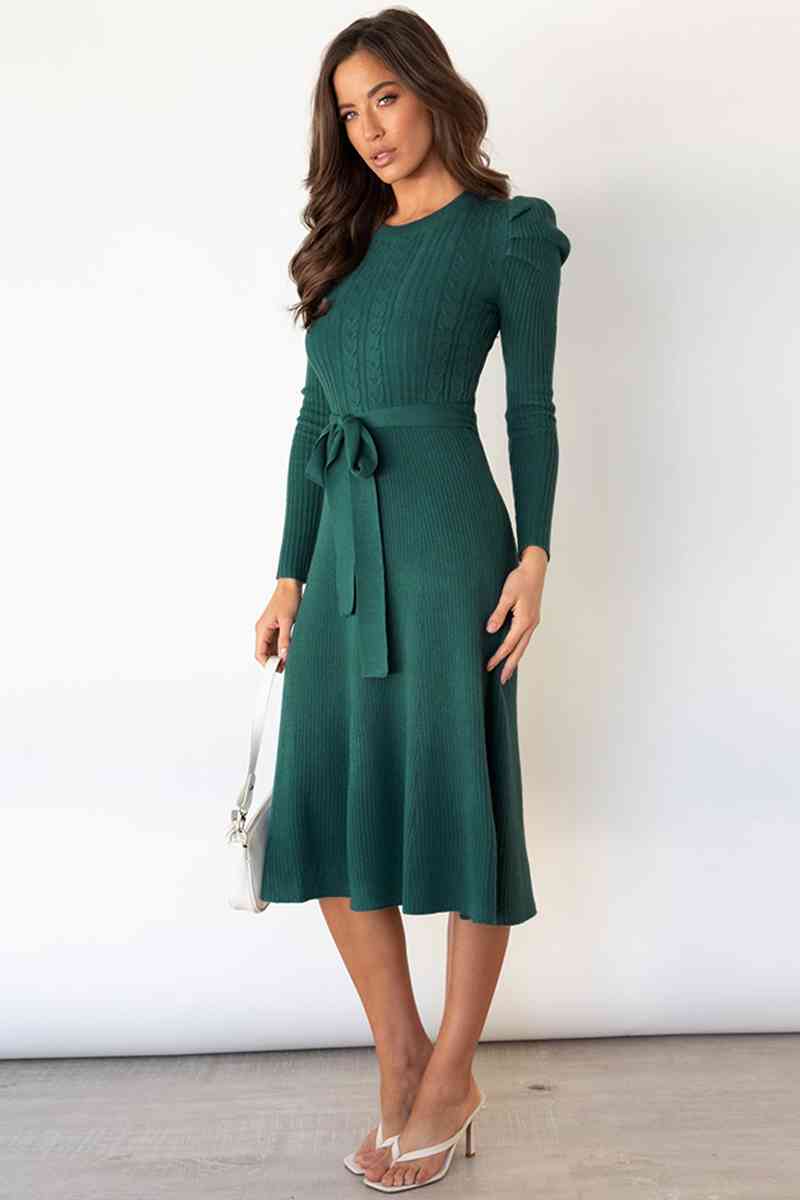 Round Neck Long Sleeve Tie Waist Sweater Dress